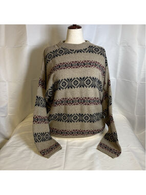 Women’s Unbranded Fair Isle Knit Sweater Beige Crew Neck Long Sleeve Ribbed